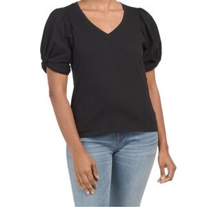 7 For All Mankind Knot Sleeve V Neck Top in Black, Size Medium